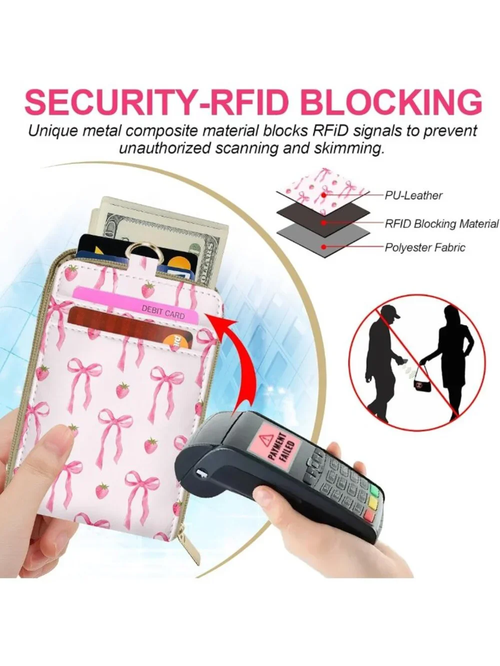 Adorable Pink Bow Strawberry Lanyard Wallet | RFID ID Holder & Card Case for